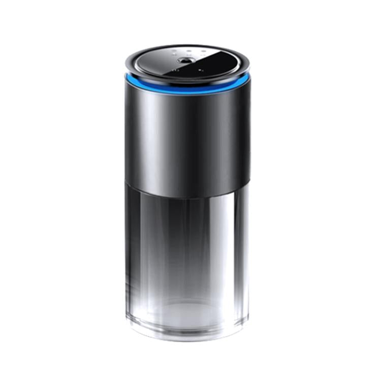 Car aroma diffuser, brushed silver cylinder with black top and blue LED ring
