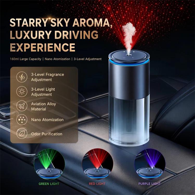 Car aroma diffuser with multi-color light, blue cylinder with projected green, red, purple