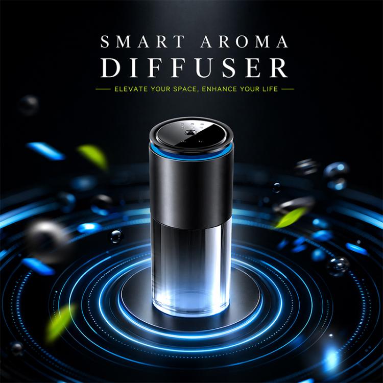 Smart car aroma diffuser with blue LED ring around the base, brushed metal cylinder