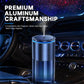 Car aroma diffuser with blue-lit top, brushed silver cylinder on the dashboard