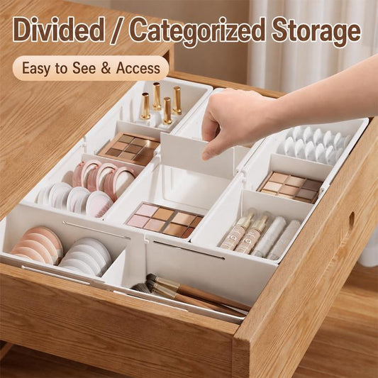Expandable drawer storage box with adjustable compartments for makeup, jewelry, and tools