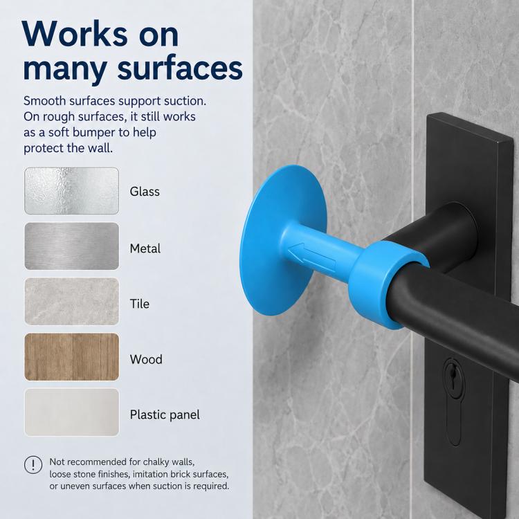 Blue suction cup door handle protector pad on a black latch plate