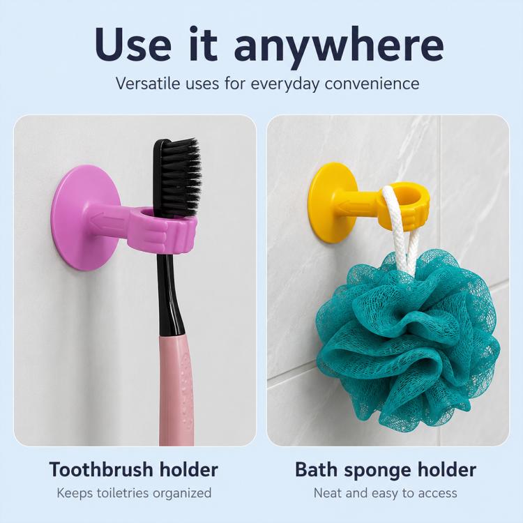 Pink and yellow suction holders for toothbrush and bath sponge