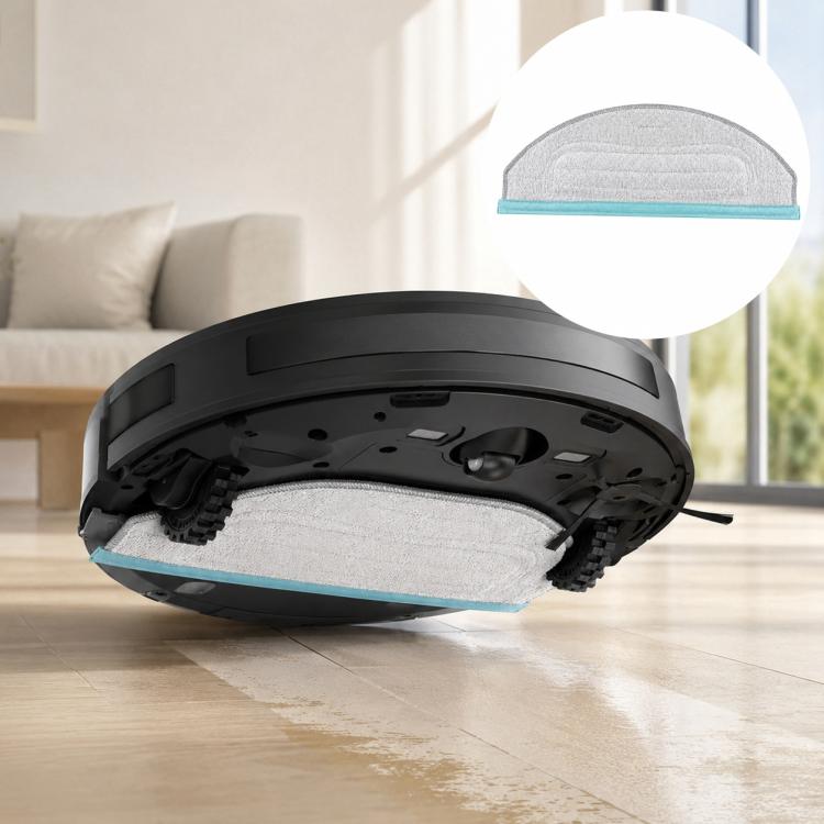 Blue microfiber mop pad for robot vacuum, placed on cleaning base