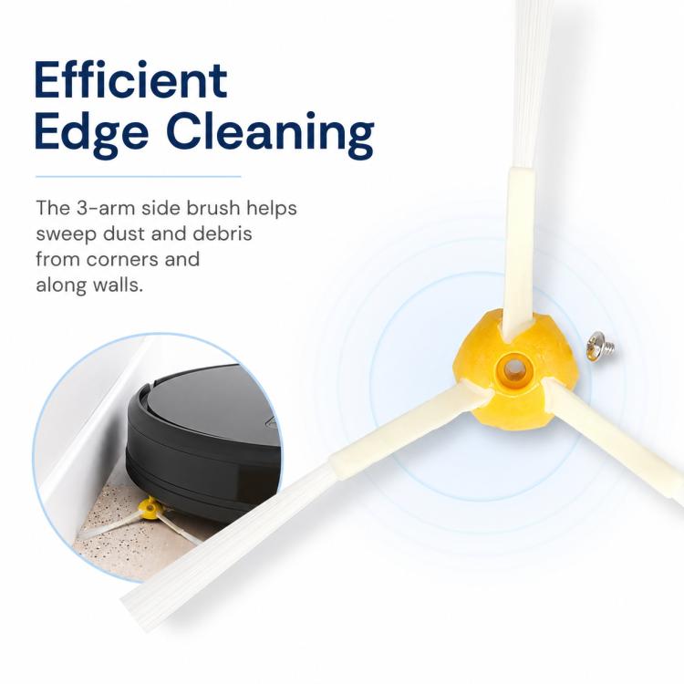 Robot vacuum side brush with yellow hub and three white bristle arms