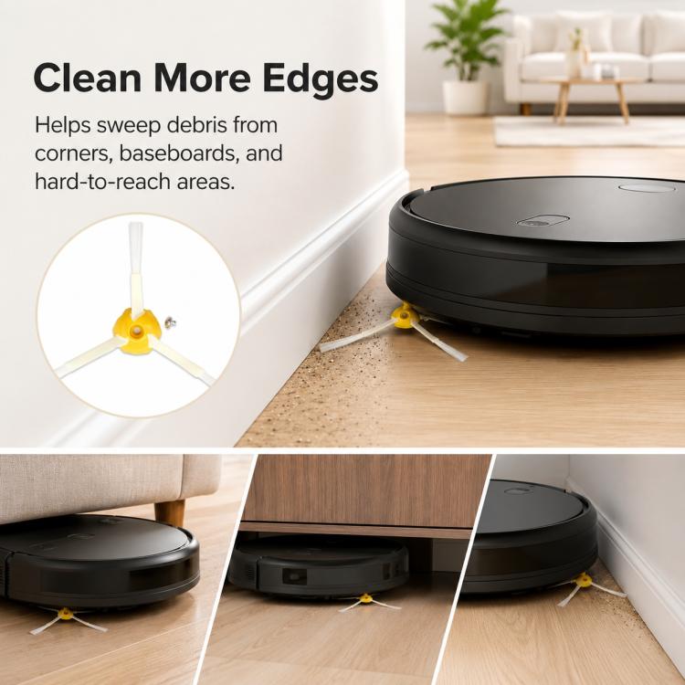Robot vacuum side brush sweeping edges with yellow hub and white bristles