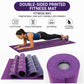 Purple yoga mat with printed pose icons and grippy, non-slip textured surface