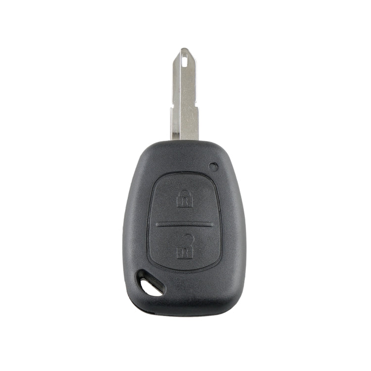 Black 2-button car remote key fob with metal key blade, front view