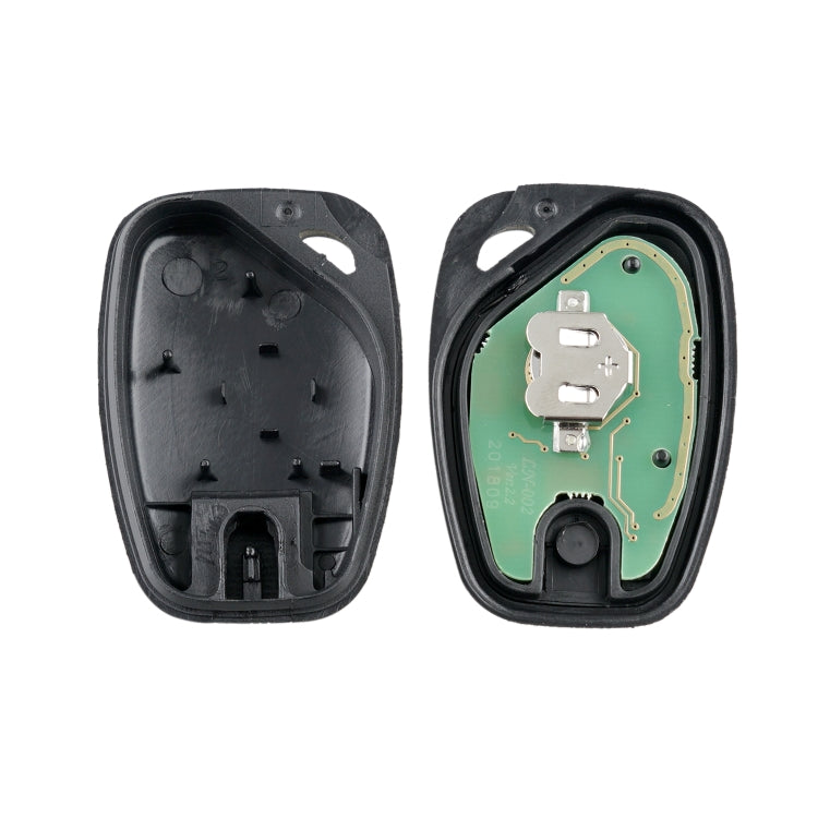Car remote key fob housing open, showing internal circuit board and buttons