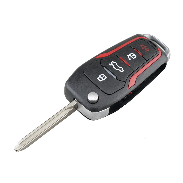 Black 4-button folding car key fob with metal blade and red-trim buttons