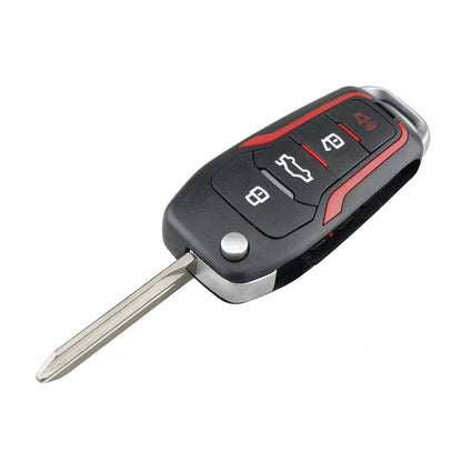 Black 4-button folding car key fob with metal blade and red-trim buttons
