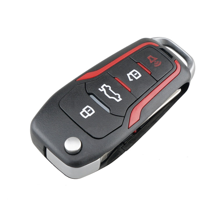 Black 4-button folding key fob with red trim and key ring loop