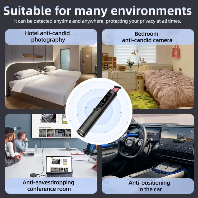 Black handheld hidden camera detector with red indicator light and control keypad