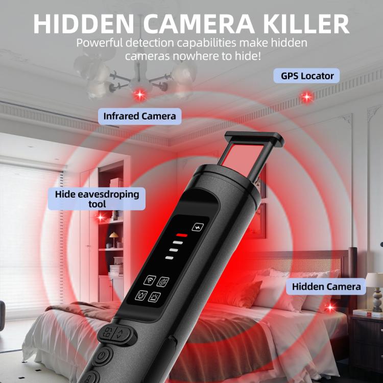 Angled black hidden camera detector scanner with red indicator lights and top cap window