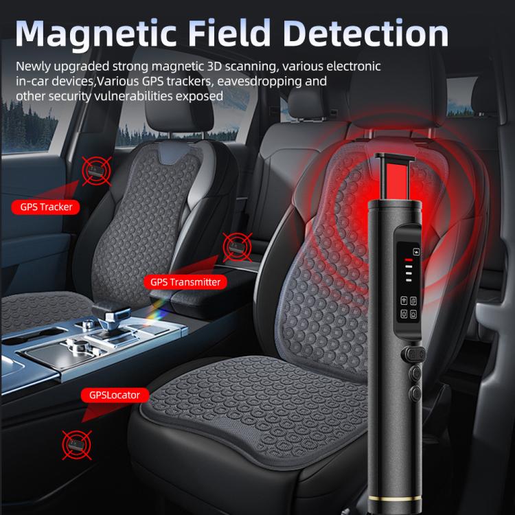 Black RF GPS signal detector with red scan indicator and multi-button control face