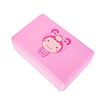 Pink yoga block with cute cartoon animal face print on top