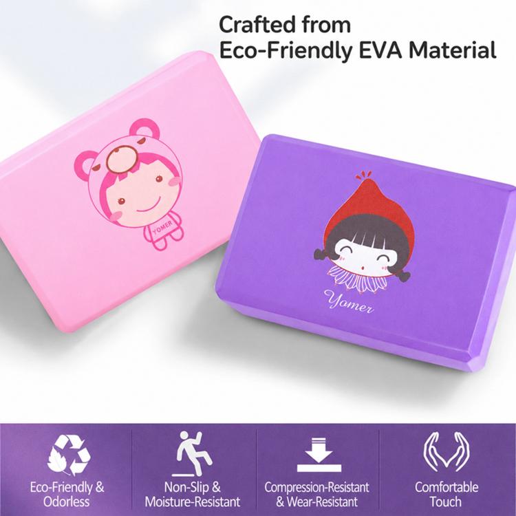 Pair of yoga blocks in pink and purple with cartoon character prints