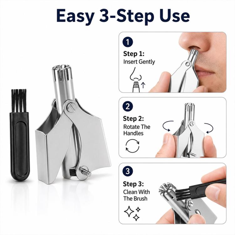 Manual nose hair trimmer with folding handles and included black cleaning brush