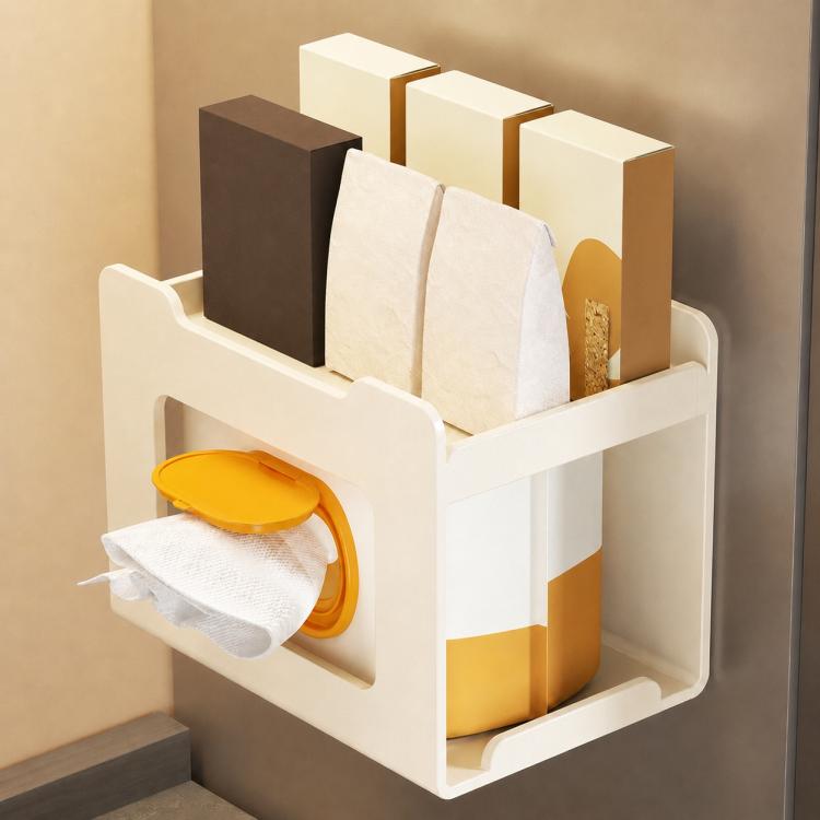 Milky white magnetic wall tissue holder with wipes pouch and stacked tissue boxes