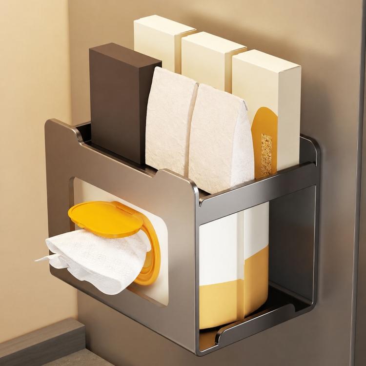 Gun metal magnetic wall tissue holder with wipes and stacked tissue boxes