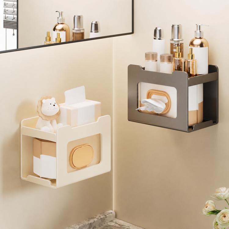 Wall tissue holders in milky white and gun metal with wipes and tissue storage