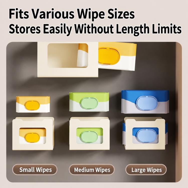 Wall-mounted wipe and tissue holder showing multiple wipe size fits