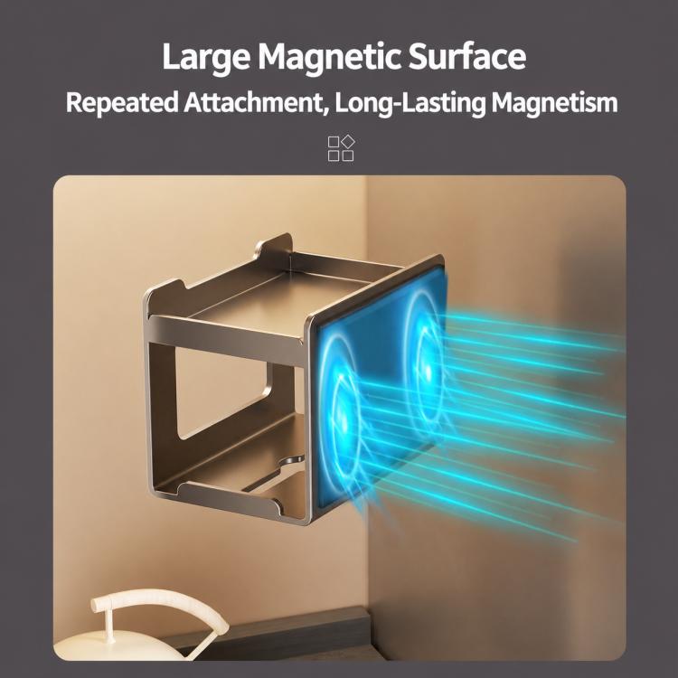Gun metal magnetic tissue holder bracket attached to a metal wall surface