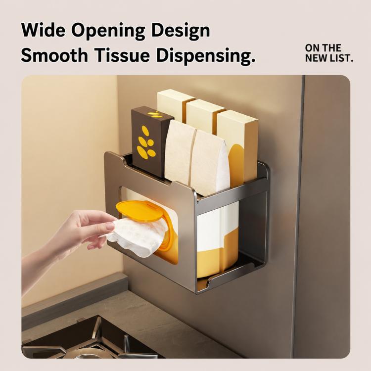Magnetic wall tissue holder with wide opening and wipes being pulled out