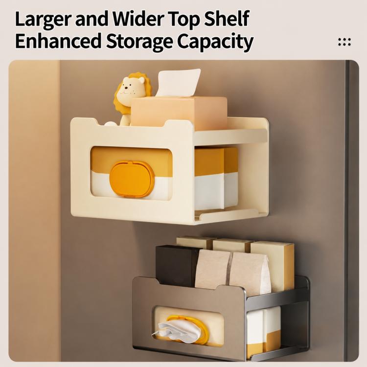Milky white magnetic tissue storage holder with wider top shelf for wipes and tissues