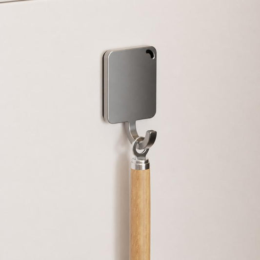 Square metal magnetic wall hook with curved hanging bar and light wood handle