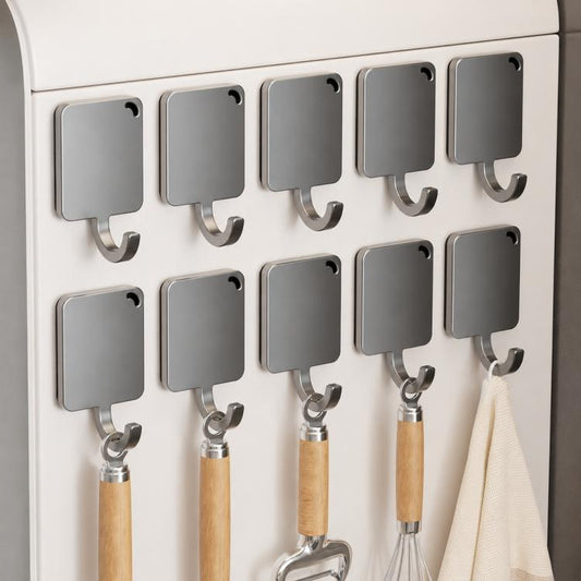 Multiple square metal magnetic wall hooks with curved hanging bars and wood handles