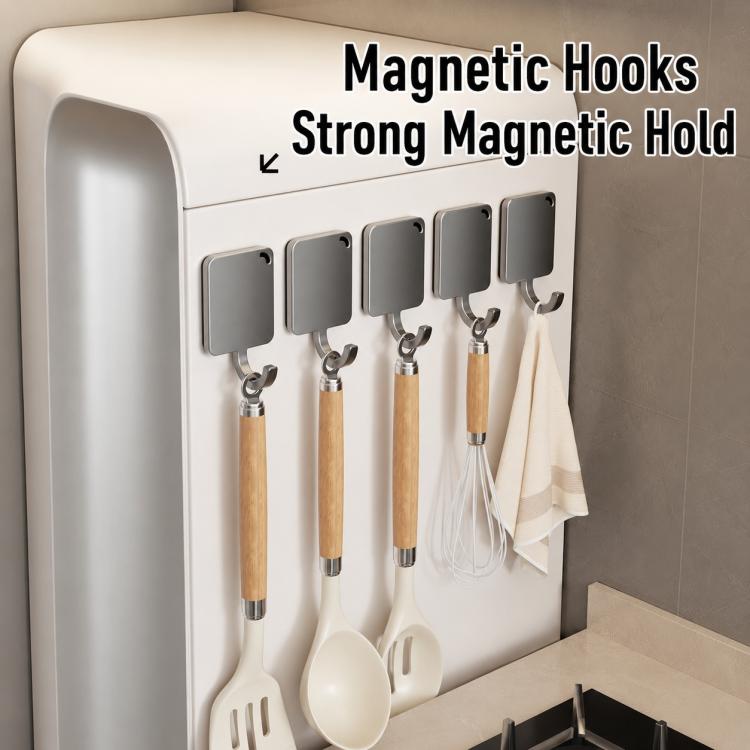 Magnetic metal wall hooks with round mounts, curved hangers, and wooden grips