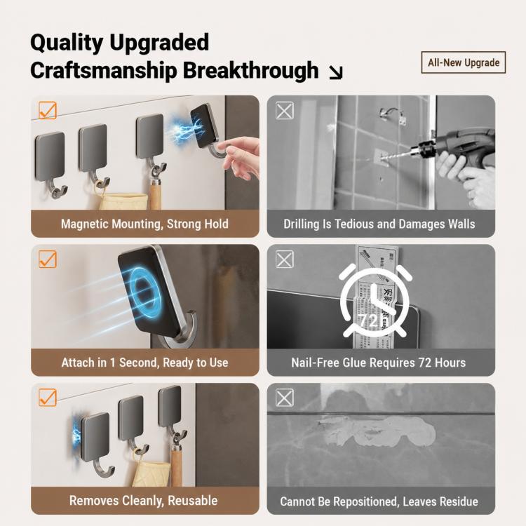 Magnetic wall hooks shown in use panels with metal mounts and curved hangers