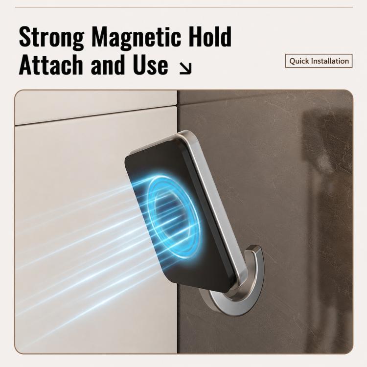 Magnetic metal wall hook attached to a wall with a curved hanger