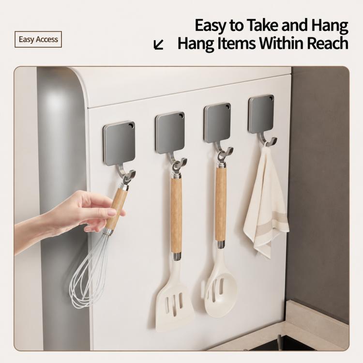 Hand holding a magnetic metal wall hook with curved hanger and wooden handle