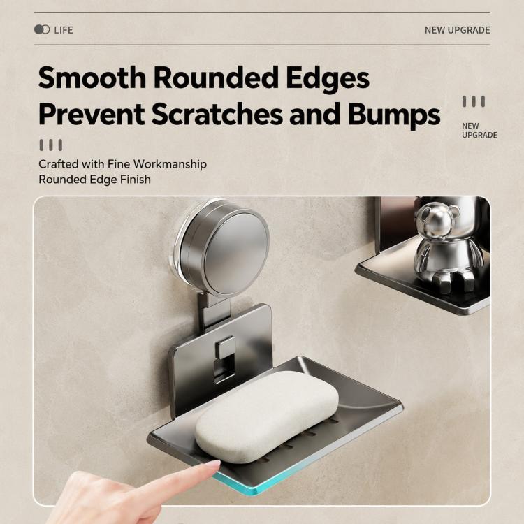 Wall-mounted suction cup soap holder with rounded-edge silver-gray metal soap tray