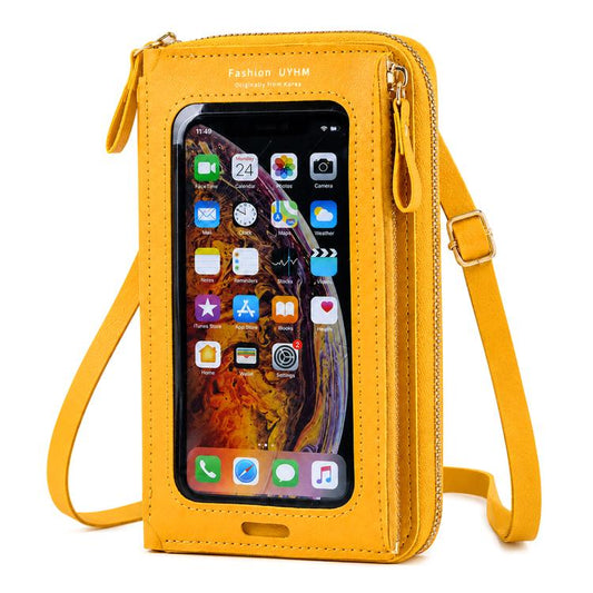 Yellow zip crossbody phone bag with clear touch window and detachable shoulder strap.