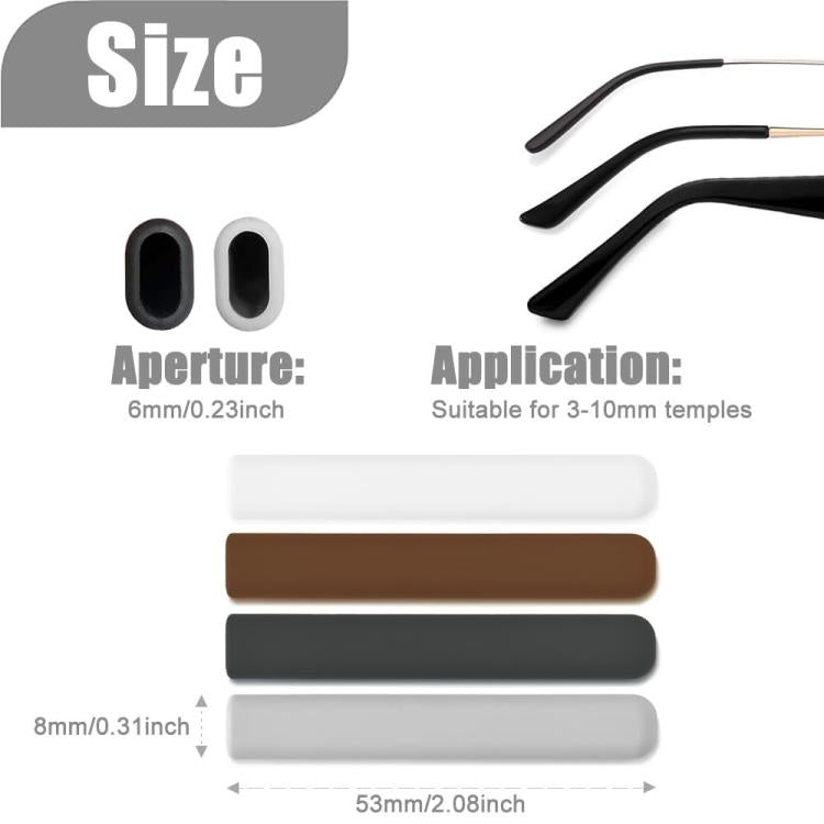 Soft silicone eyeglass ear pads, multicolor set shown with fit and aperture diagram.
