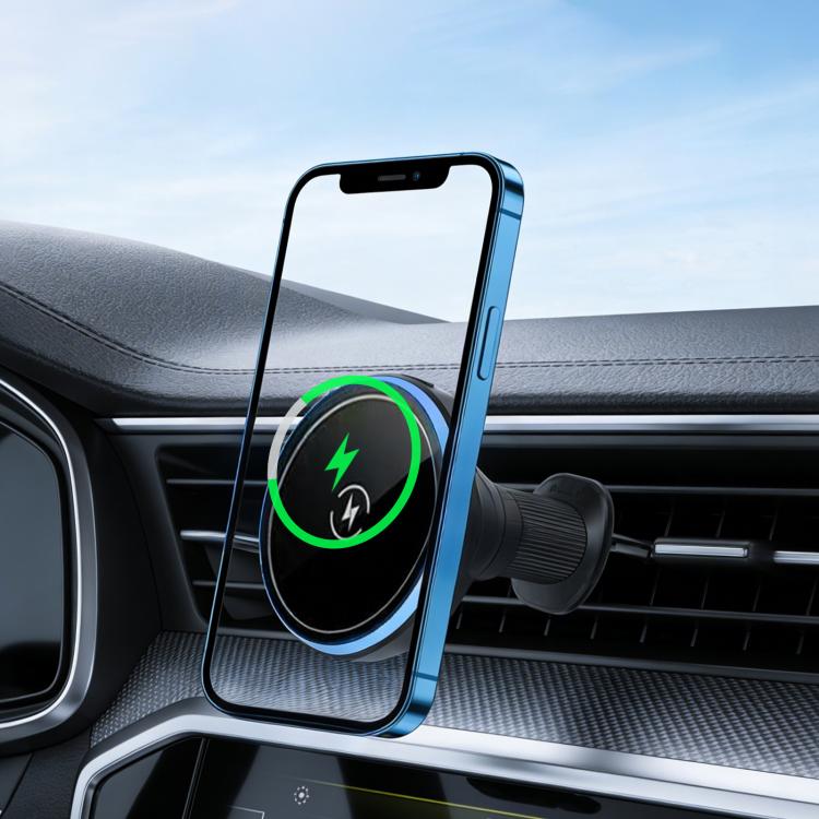 Car air vent magnetic wireless phone charger with circular charging pad and blue ring