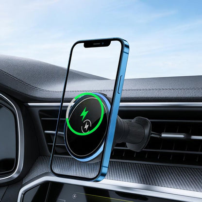 Car air vent magnetic wireless phone charger with circular charging pad and blue ring