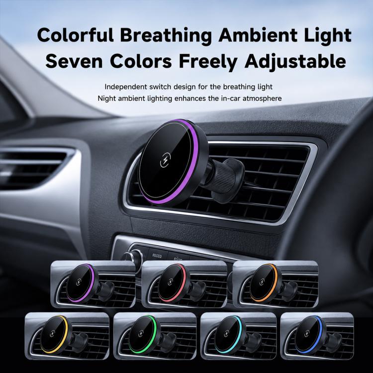 Car air vent charging holder with circular pad and color-changing ambient light ring