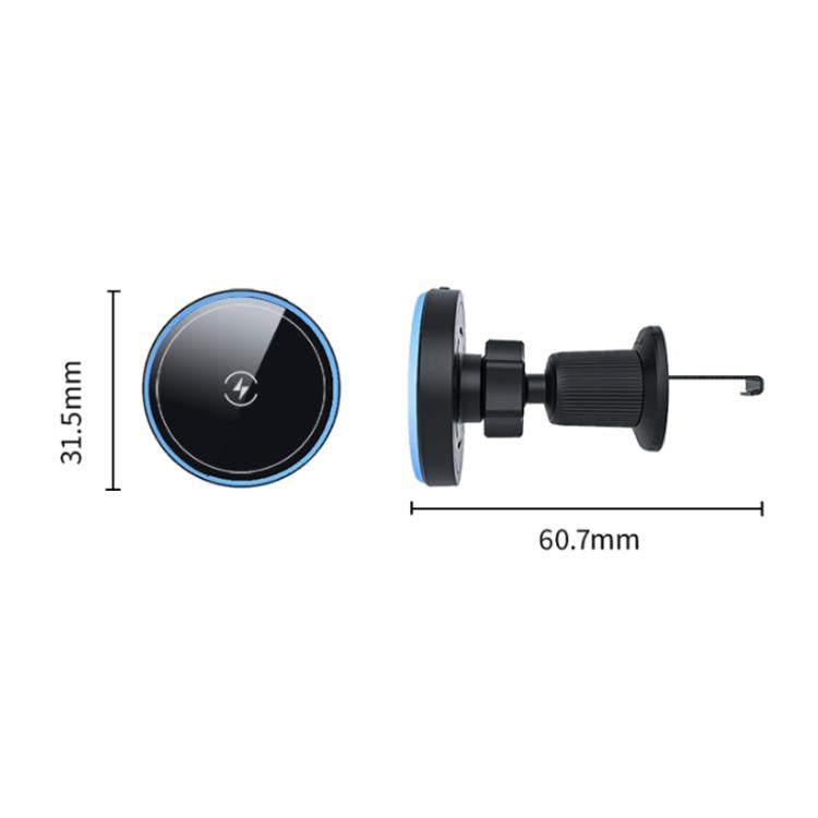 Magnetic wireless car phone charger dimensions showing circular pad and vent mount