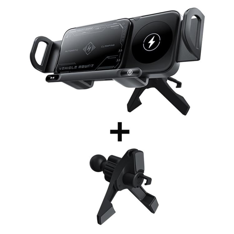 Black rotating 15W dual-coil wireless car charger mount with air vent base