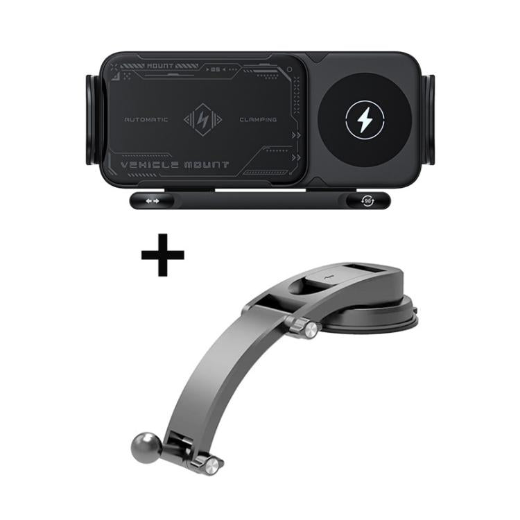 Black rotating 15W dual-coil wireless car charger mount with dashboard base