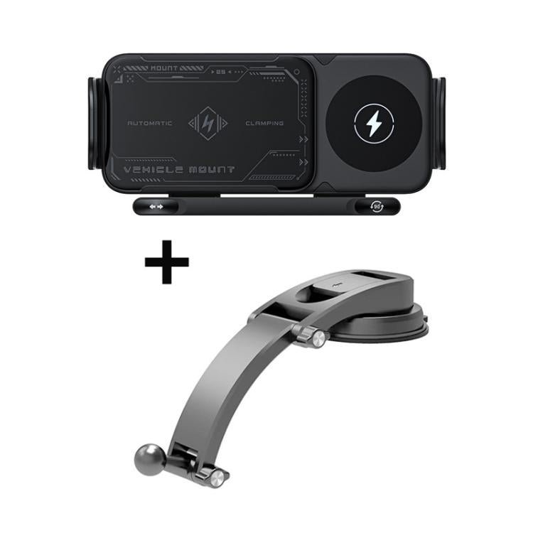 Black rotating 15W dual-coil wireless car charger mount with dashboard base
