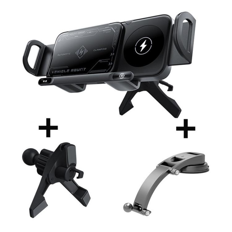 Black rotating 15W dual-coil wireless car charger mount with dashboard and air vent bases