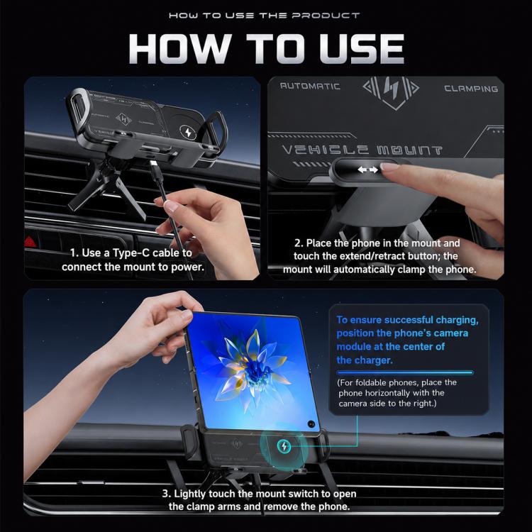 Wireless car charger mount installation steps with phone clamping