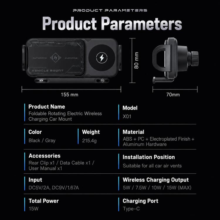 Wireless car charger mount product parameters with dimensions and specs