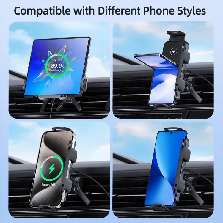Wireless car charger mount holding phones on an air vent