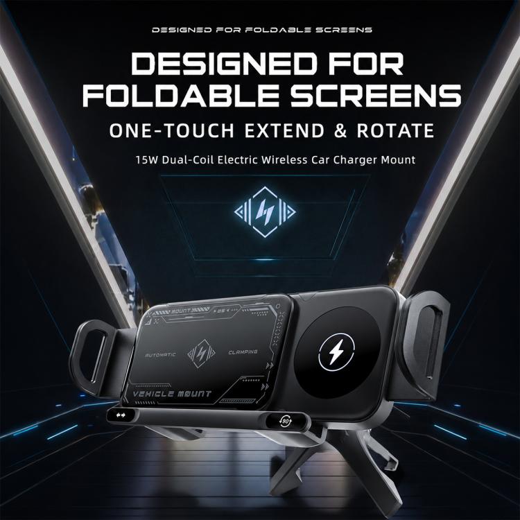 Black 15W dual-coil wireless car charger mount for foldable screens, rotates